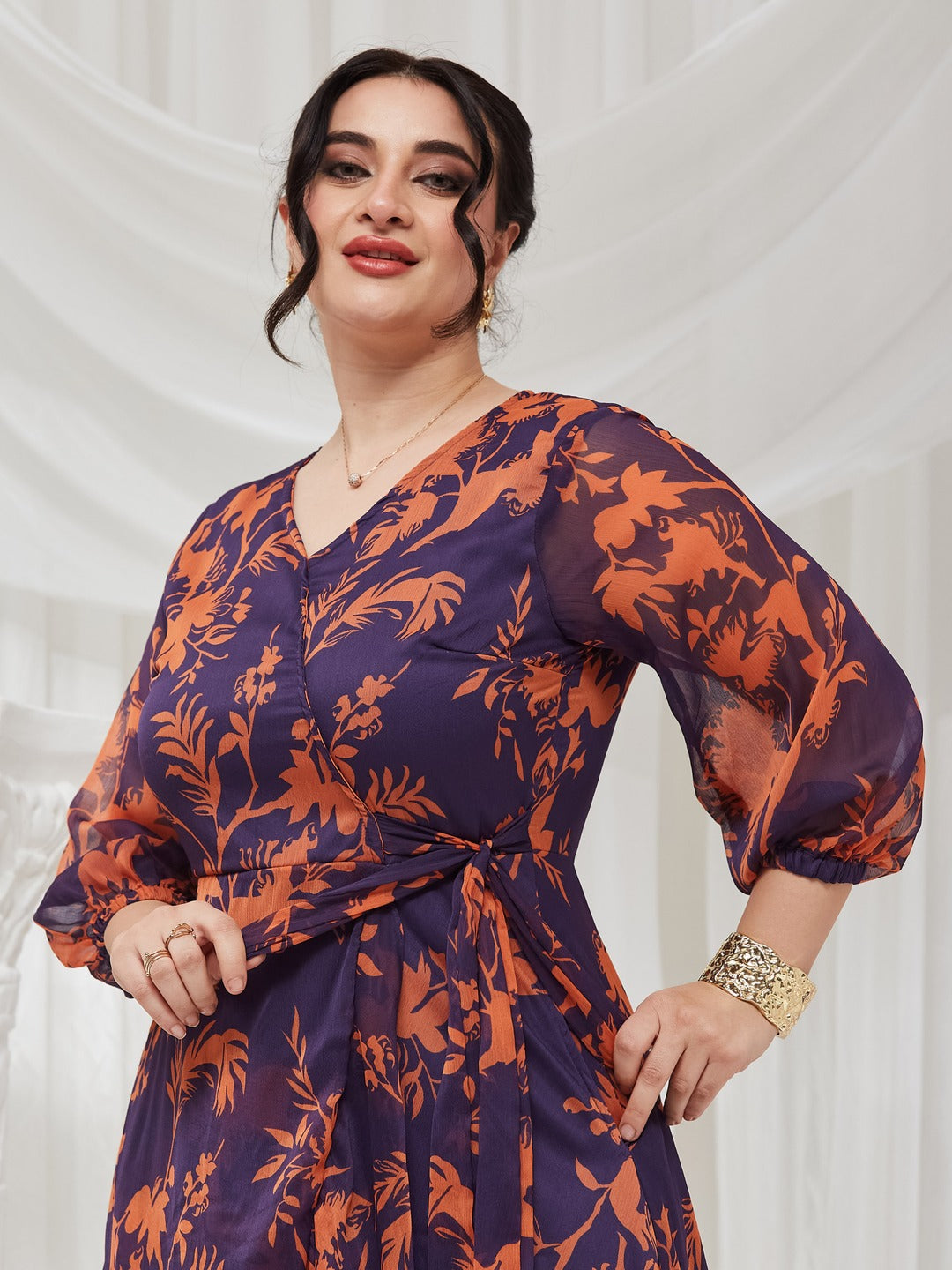 Purple V-Neck Three-Quarter Sleeve Floral Wrap Chiffon Midi Dress for Women — Miss Chase A+