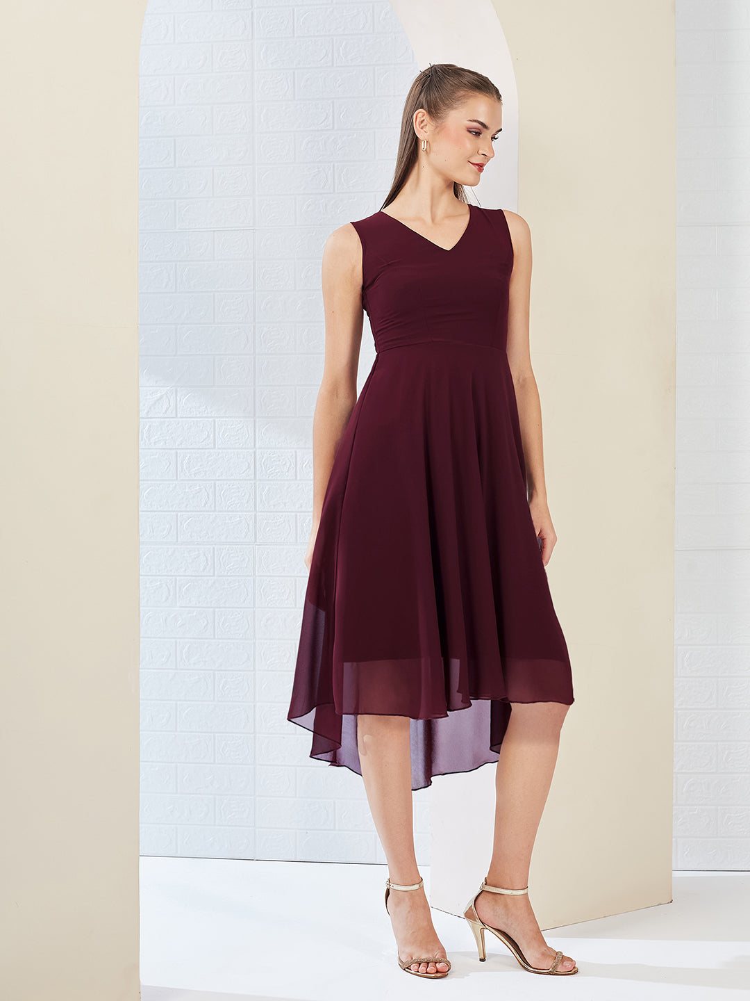 Wine Red V-Neck Sleeveless Solid High-Low Midi Skater Dress for Women