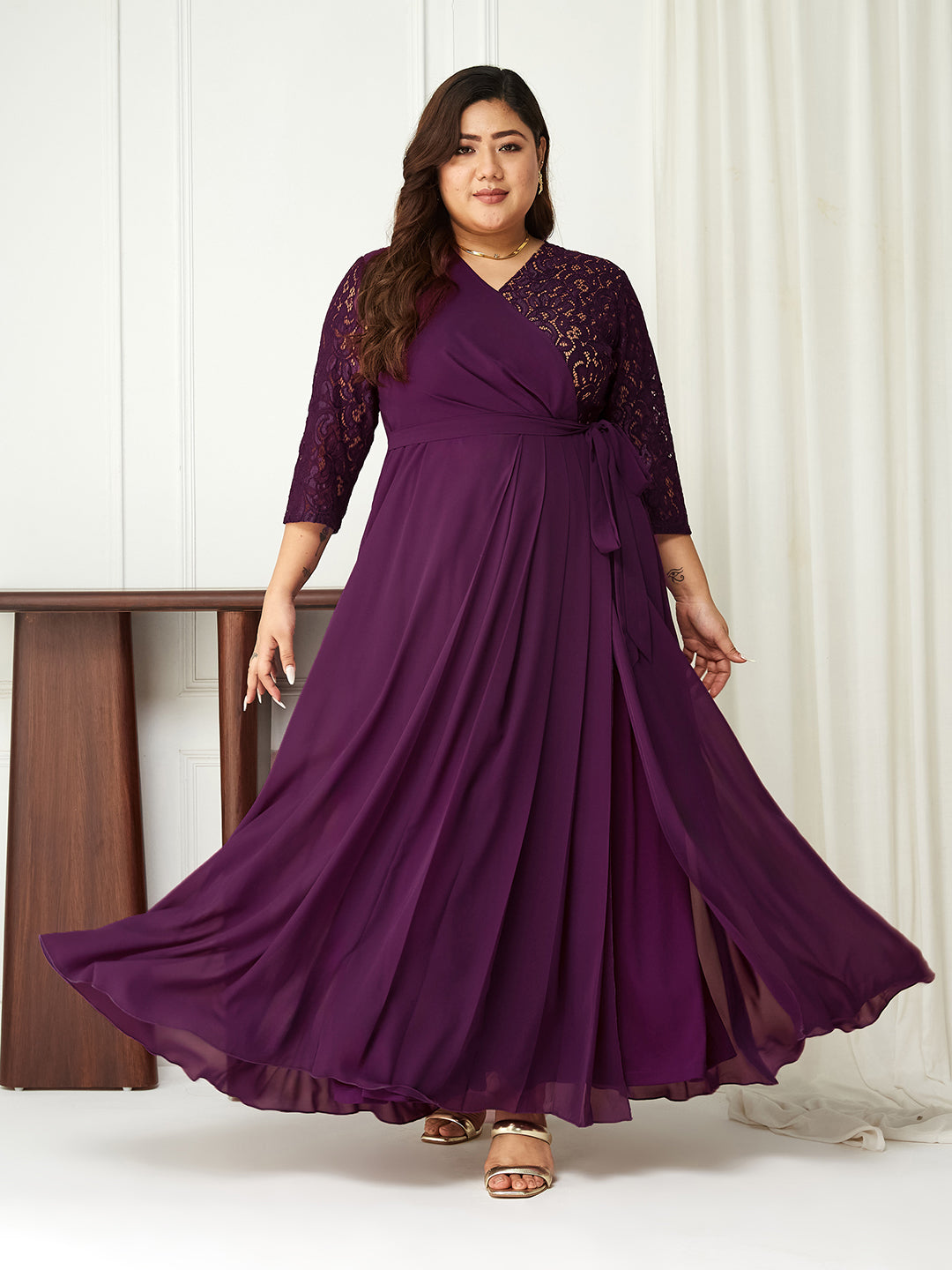 Dark Purple Colored V-Neck Three-Quarter Sleeve Self-Designed Wrap Maxi Georgette Dress for Women