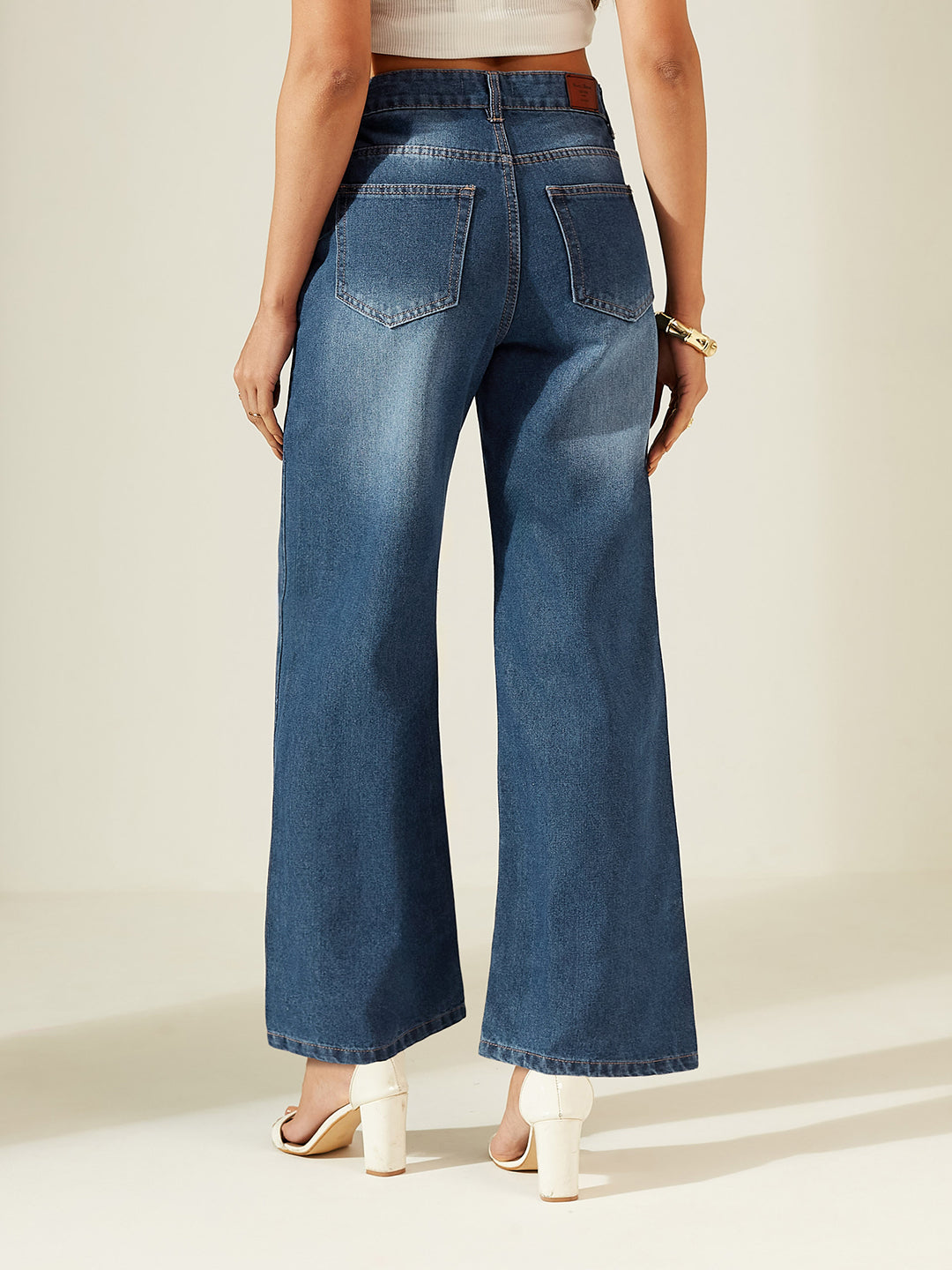 Navy Blue Wide-Leg High-Rise Denim Jeans with Hand-Painted Floral Motif Artwork for Women