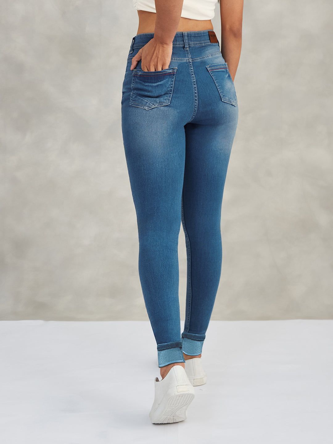 Women's Blue Skinny High-Rise Twill Tape Detailing Scraped Stretchable Denim Jeans