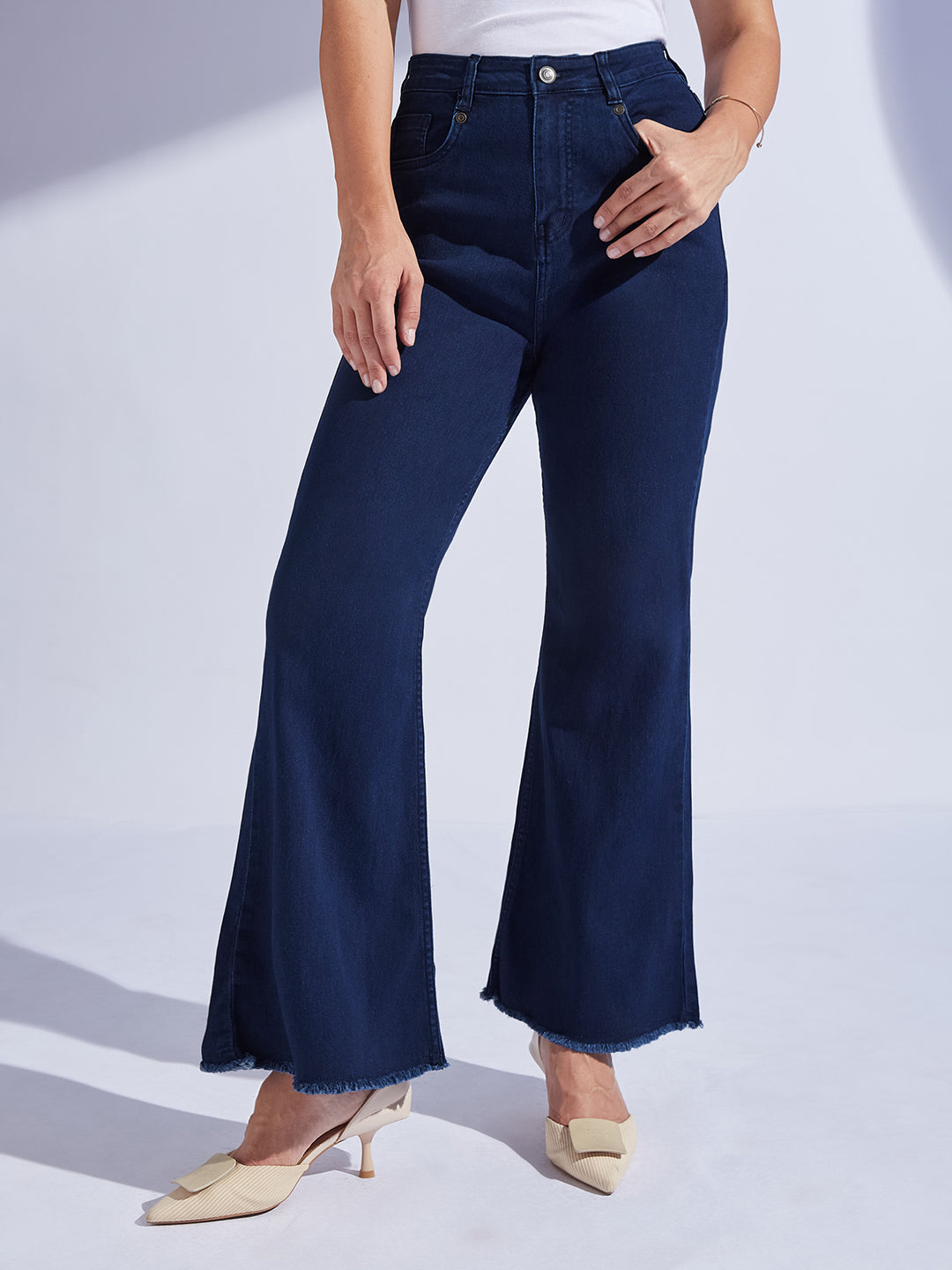 Navy Blue Bootcut High Rise Clean Look Regular-Length Stretchable Denim Jeans for Women