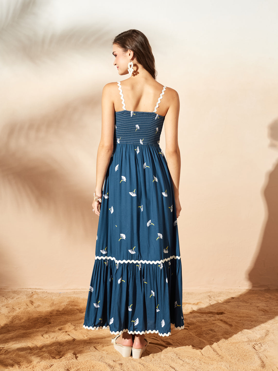 Teal Bohemian Multicolored Tiered Maxi Dress with Square Neck and Smocked Back for Women