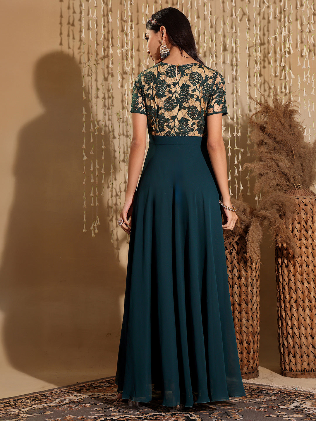 Women's Teal Round Neck Half Sleeve Self Design Fit & Flare Georgette Maxi Dress