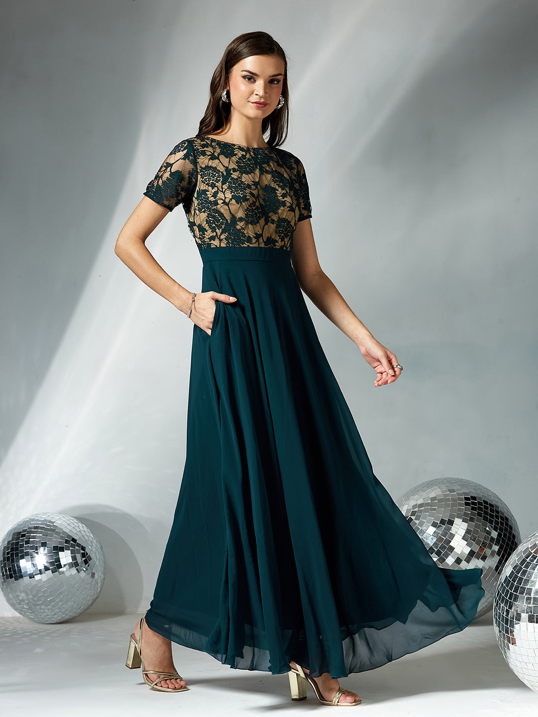 Women's Teal Round Neck Half Sleeve Self Design Fit & Flare Georgette Maxi Dress