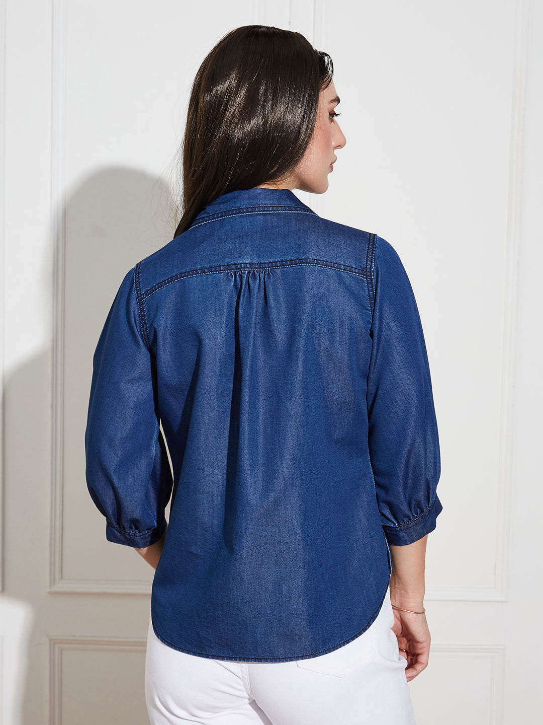Womens Dark Blue Collar-Neck Puff-Sleeve Solid-Colored Light Weight Denim Tunic Top