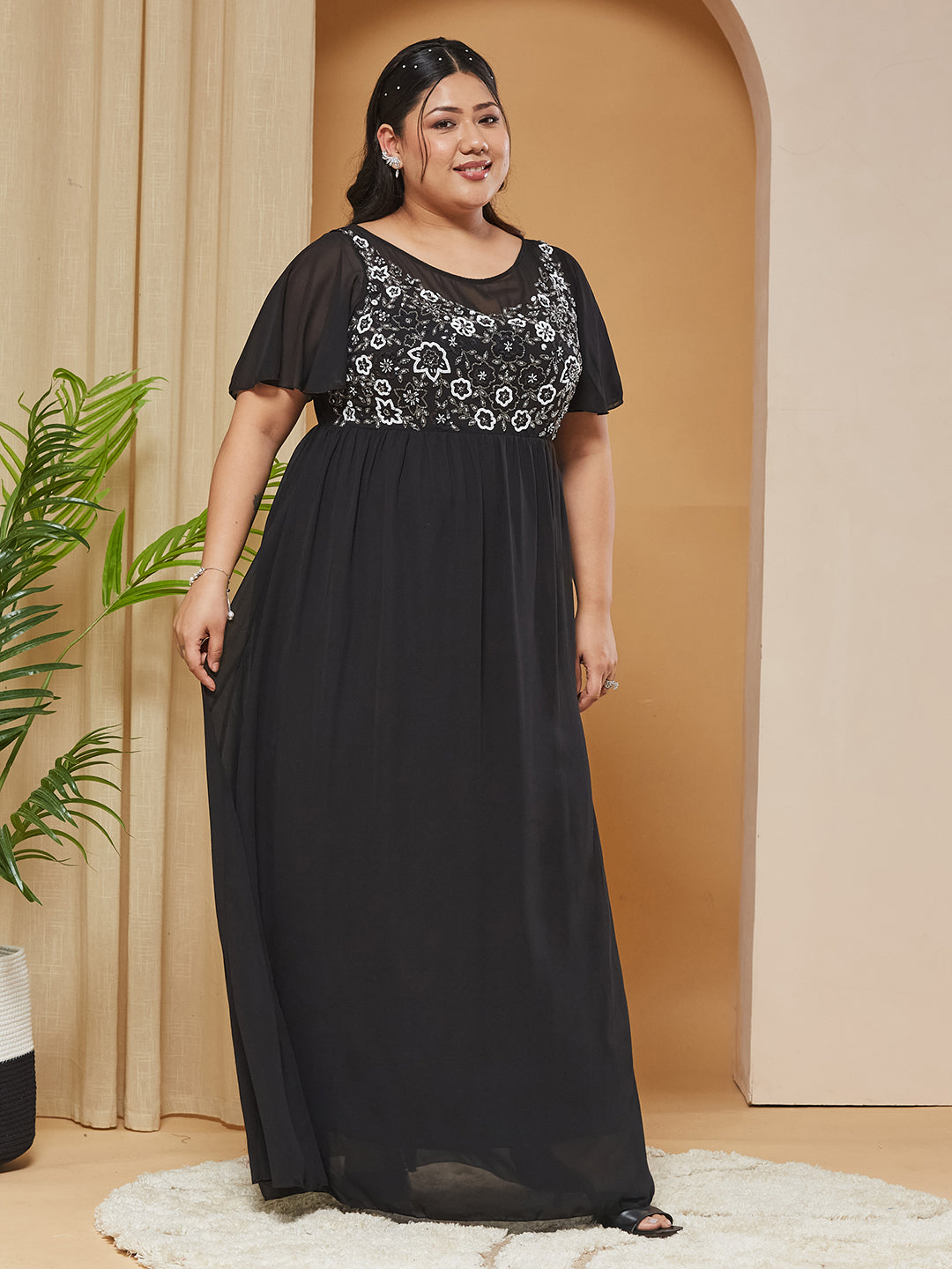 Black Embellished Gathered Maxi Dress for Women