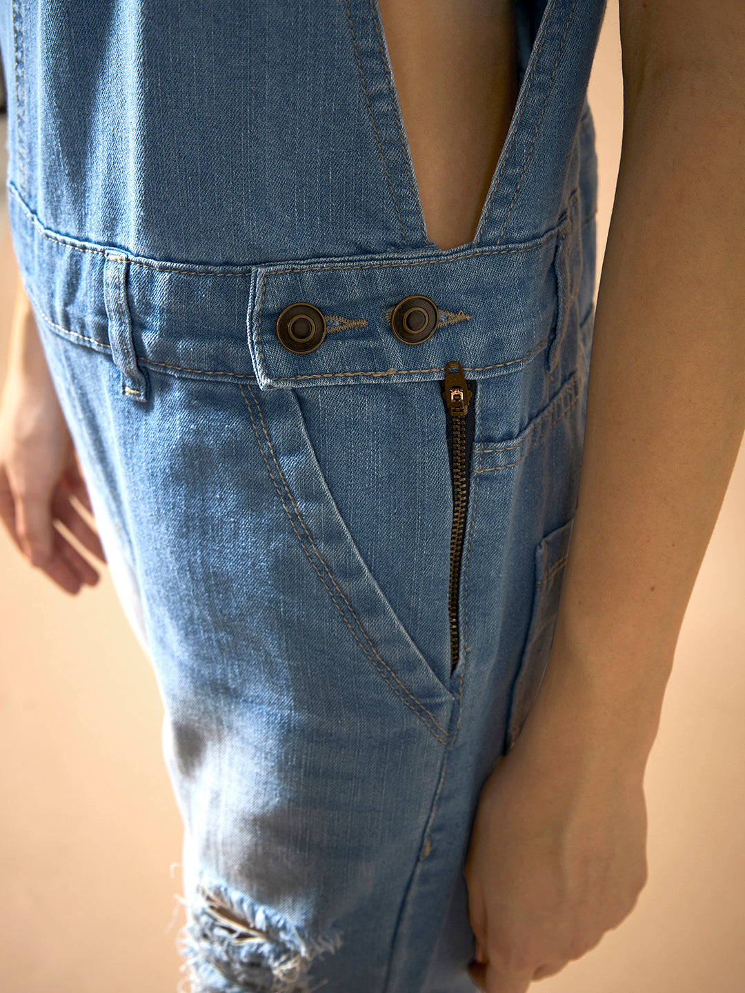 Women's Light Blue Regular Fit Mid-Rise Regular-Length Ripped Denim Dungaree