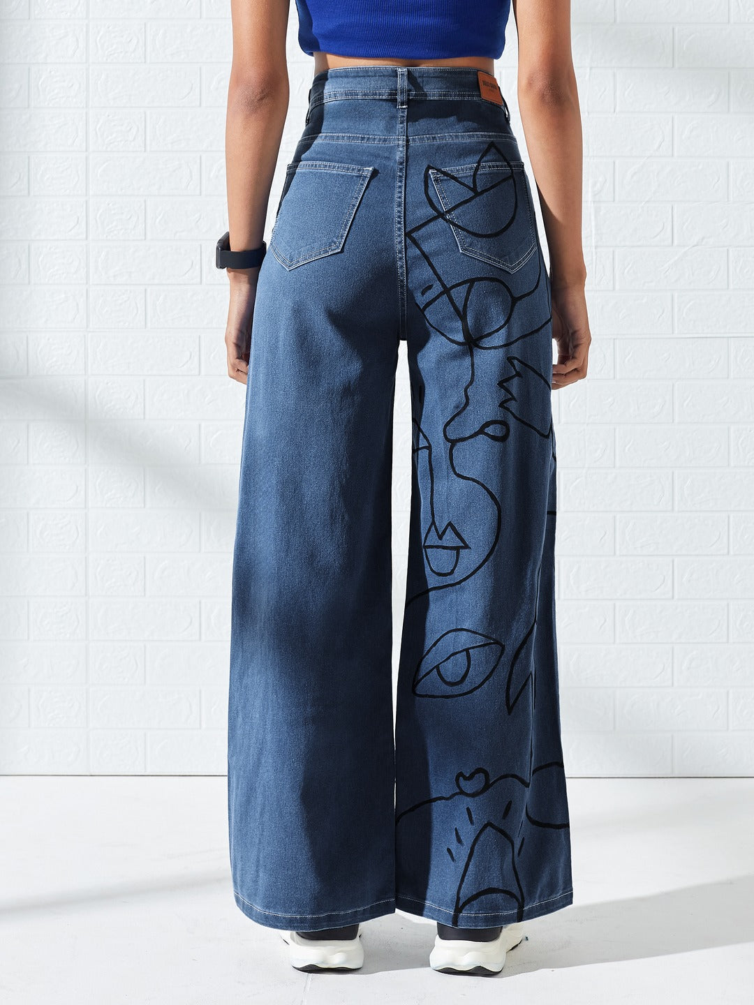 Hand-Painted Blue Wide Leg High-Rise Stretchable Denim Jeans For Women