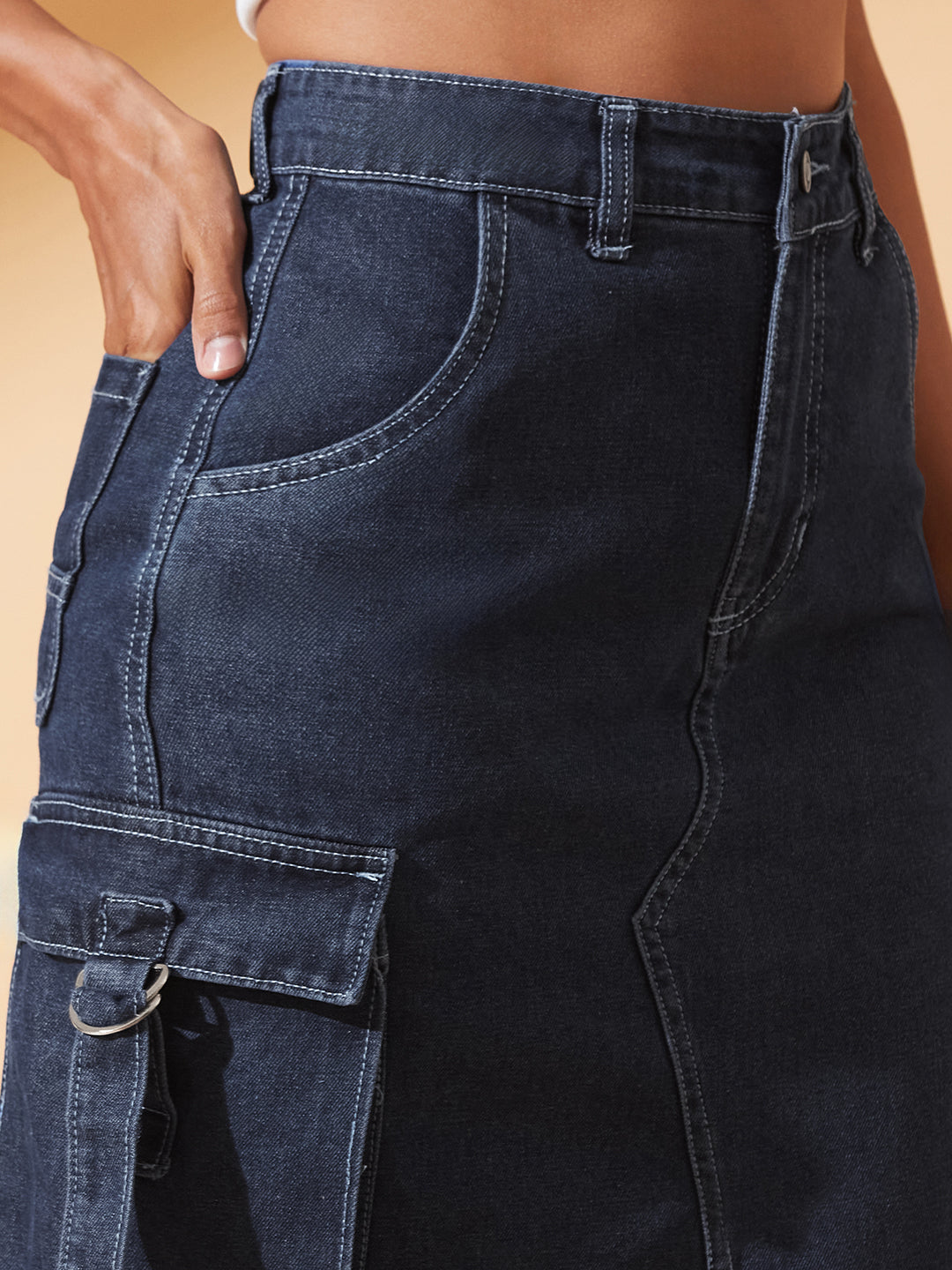Navy-Blue Straight-Fit High-Rise Midi Denim Skirt for Women