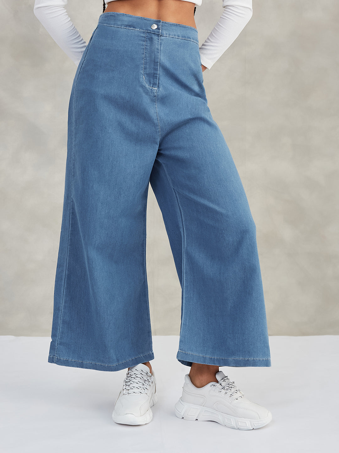 Women's Blue Flared Wide-Leg High-Rise Non-Stretchable Denim Pants