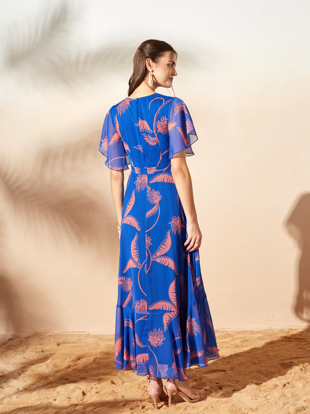 Royal Blue And Coral V-Neck Flared Floral Overlap/Tie-Up Maxi Chiffon Dress for Women