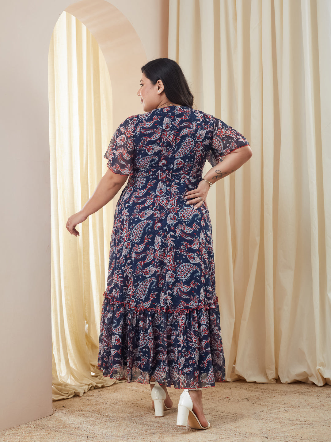 Navy Floral Wrap Chiffon Maxi Dress with Flutter Sleeves & Frilled Hem for Women