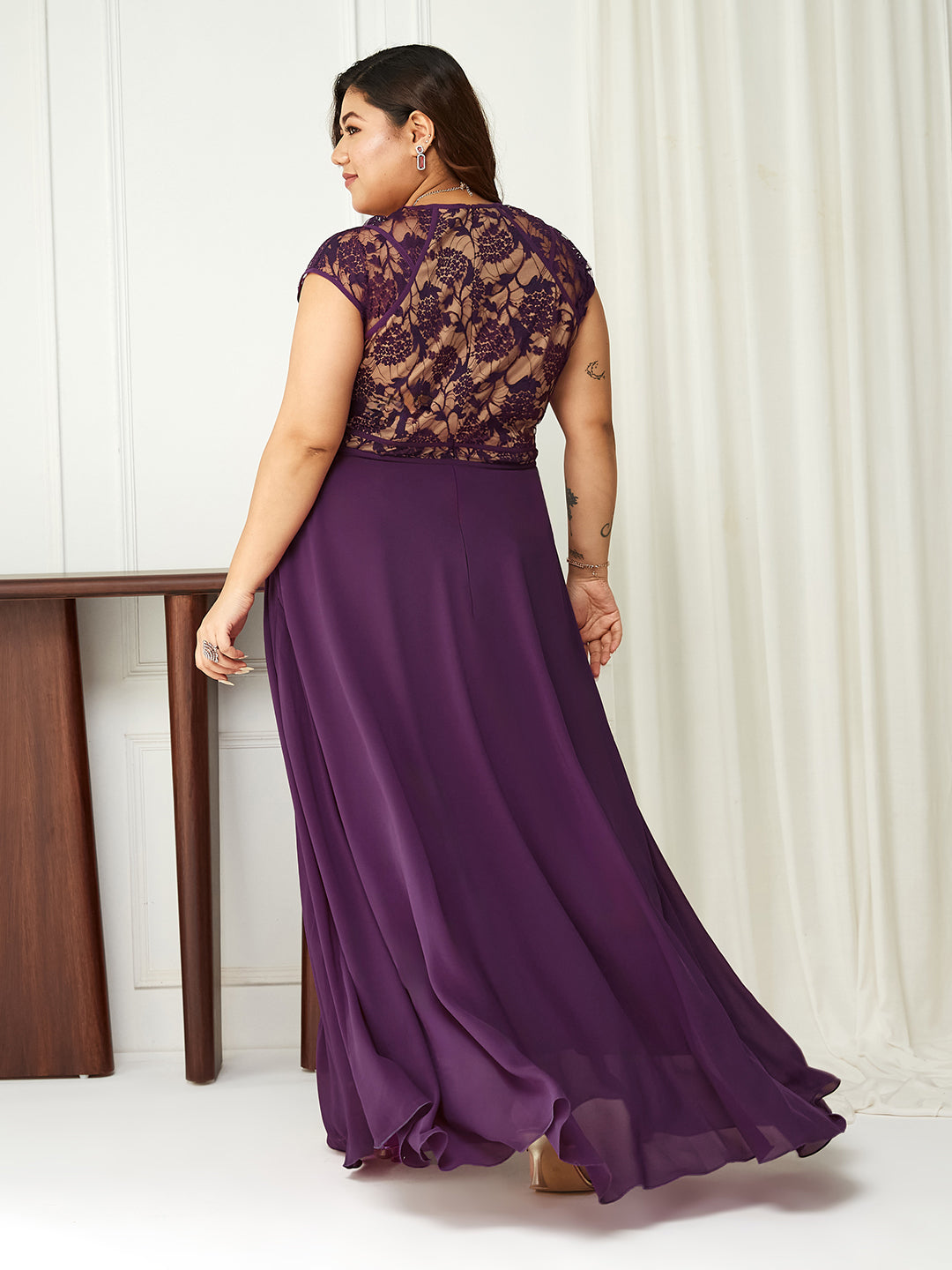 Dark Purple Sweet-Heart Neck Cap-Sleeve Floral Fit & Flare Georgette Maxi Dress for Women