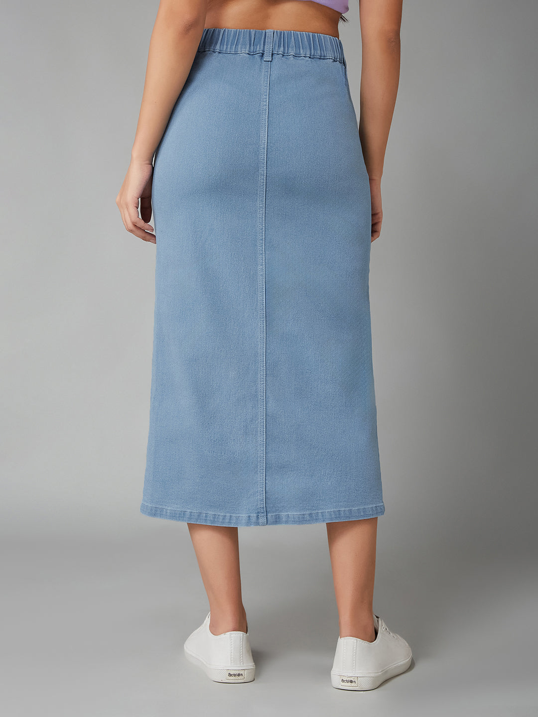Women's Light Blue Straight-Fit High-Rise Clean-Look Stretchable Denim Midi Skirt