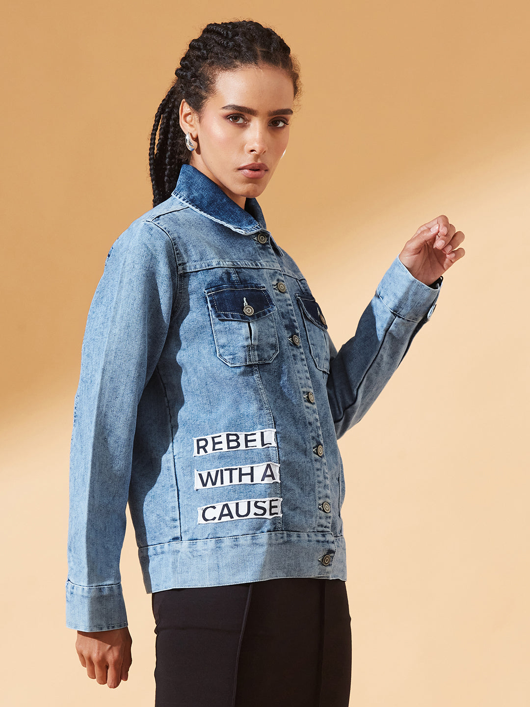 Light-Blue Polo Neck Solid Full Sleeve Bomber Jacket for Women