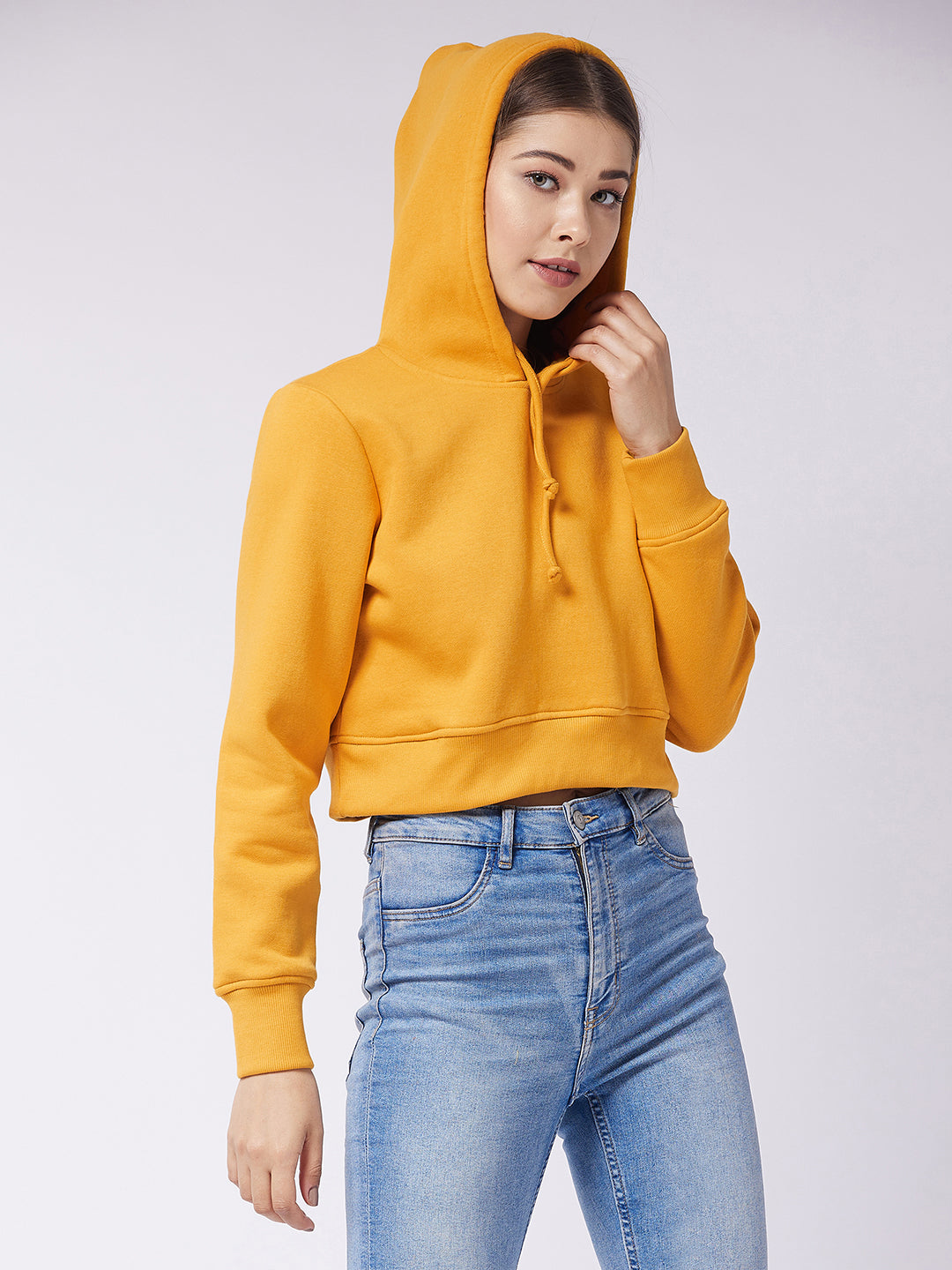 Women's Mustard Round Neck Full Sleeve Solid Crop Sweatshirt