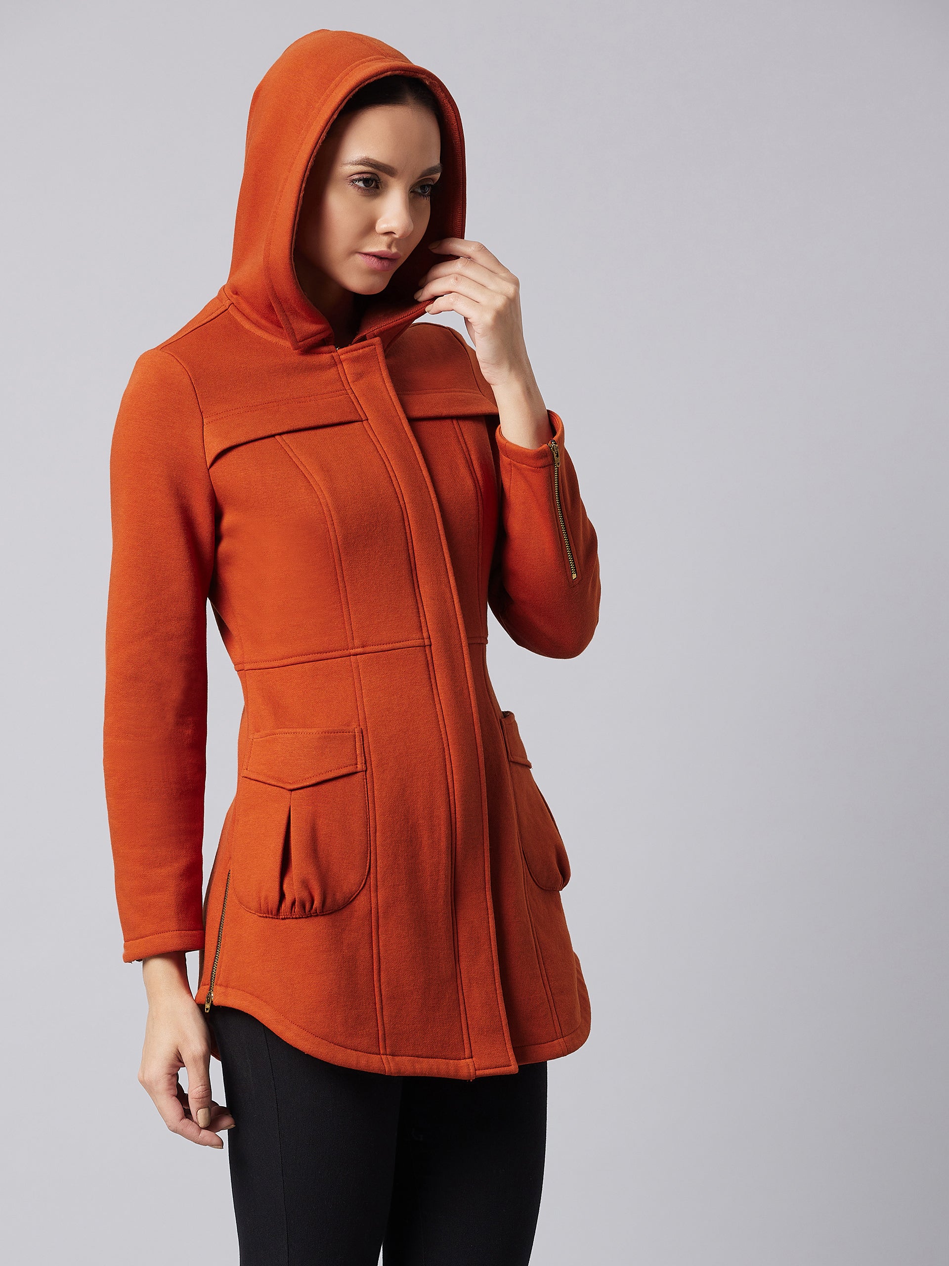 Women's Rust Hooded Full Sleeve Solid Hooded Longline Jacket