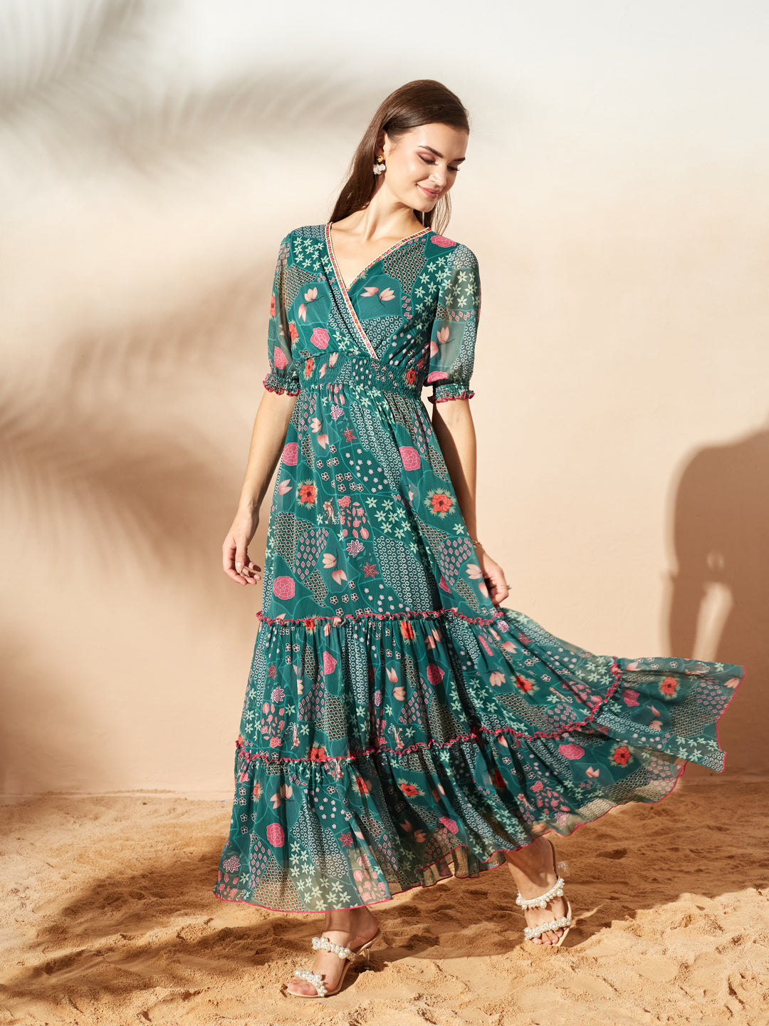 Emerald Green V-Neck Puff Bohemian Overlap/ Tiered Maxi Chiffon Ethnic Dress for Women — Miss Chase