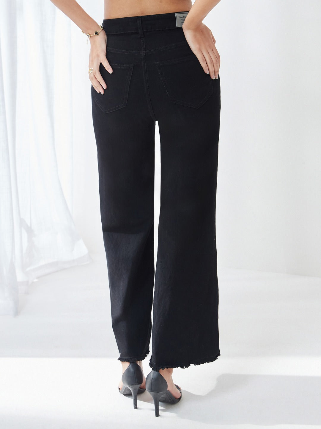 Black High Rise Stretchable Wide Leg Denim Jeans for Women