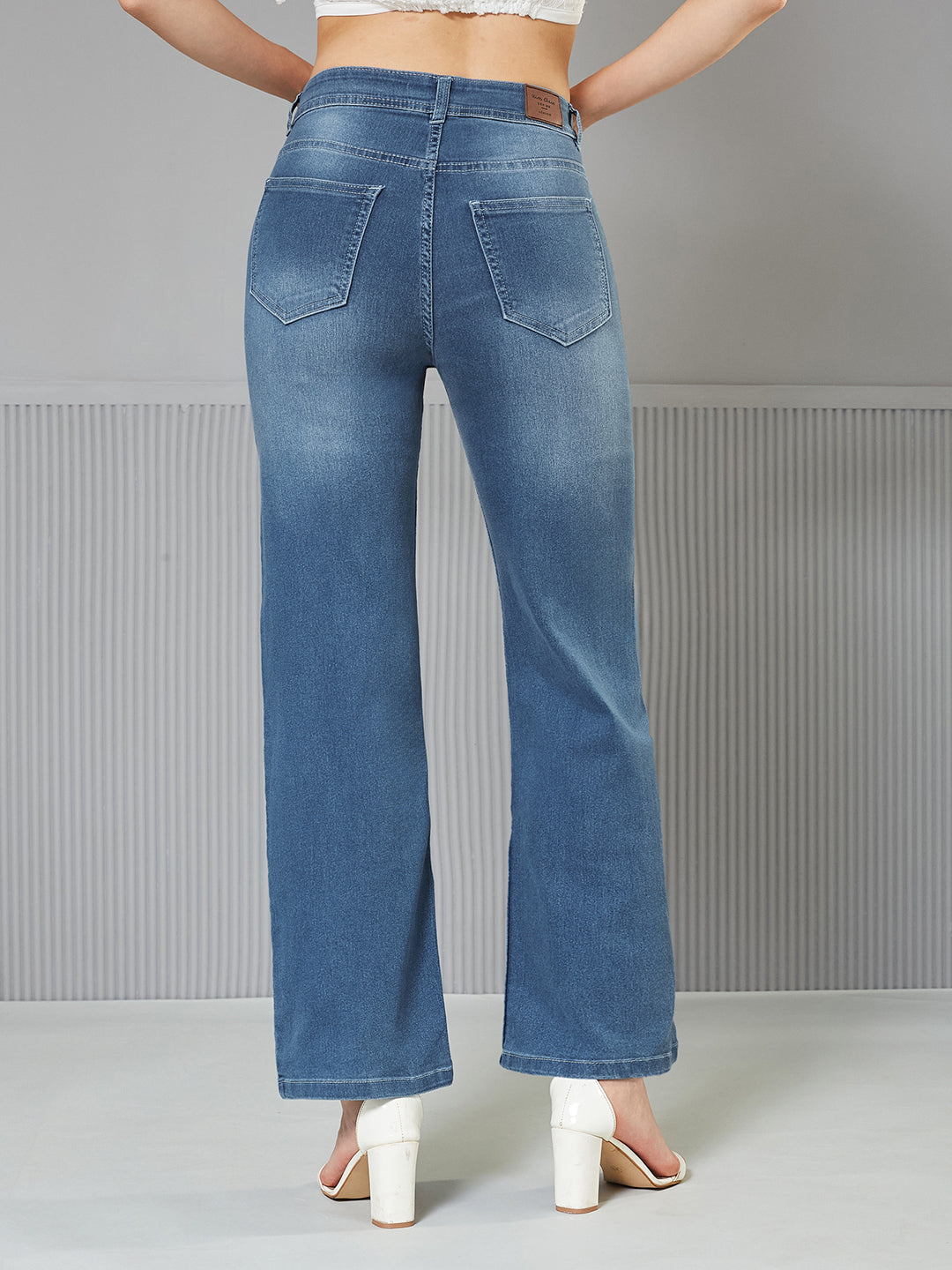 Women's Light Blue Wide-Leg Mid-Rise Blast Effect Light Weight Denim Jeans