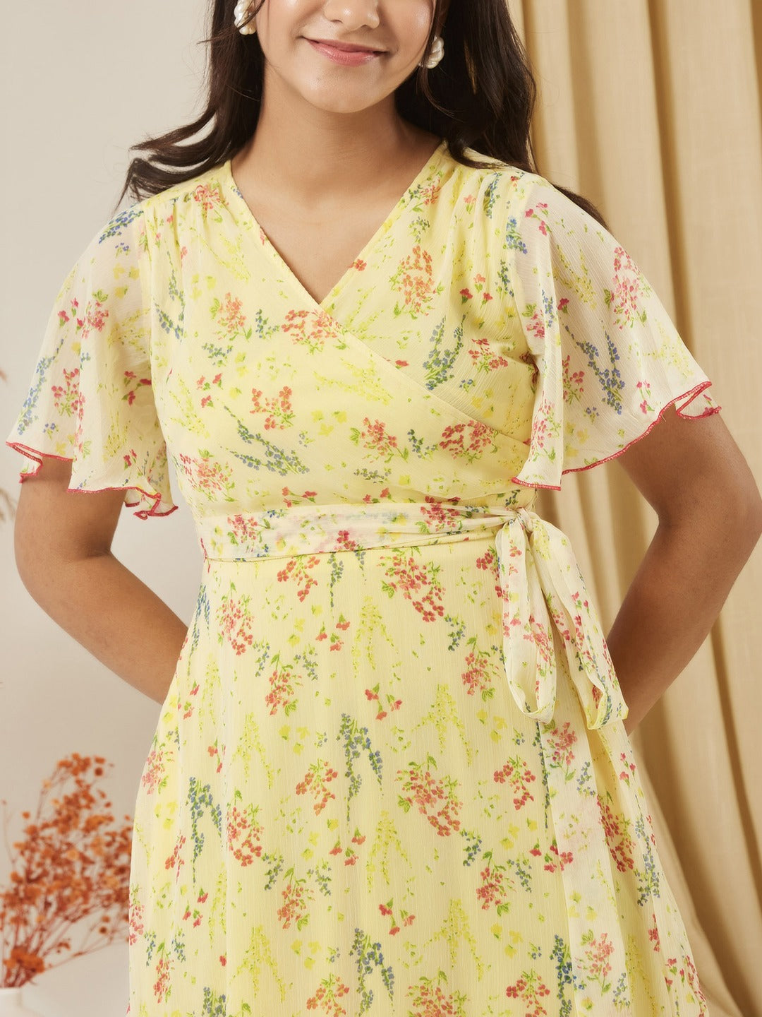 Yellow V Neck Flared Sleeve Floral Wrap Maxi Dress for Girls/Teenagers