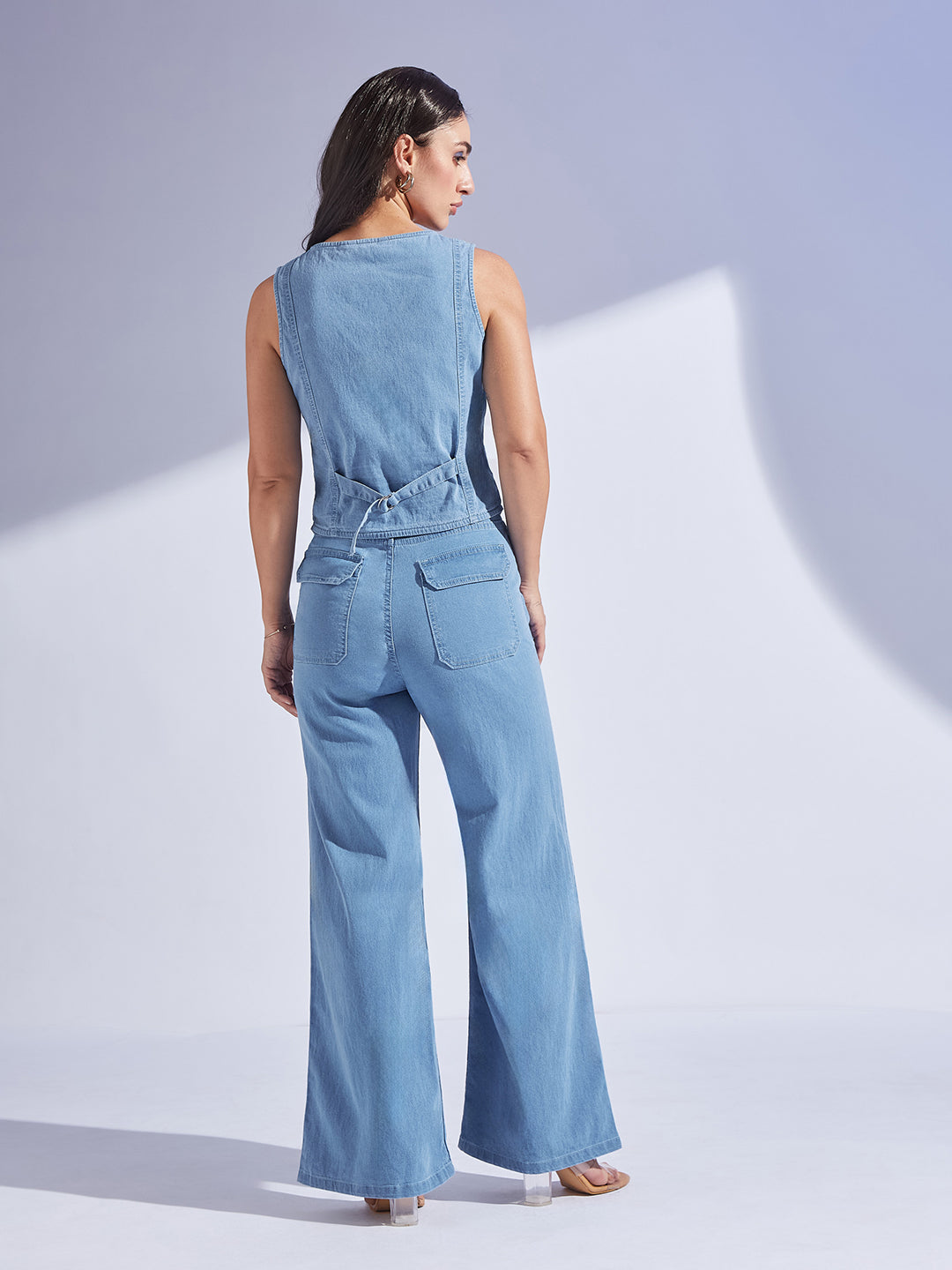 Women's Light Blue Wide-Leg High Rise Regular-Length Stretchable Lightweight Denim Co-Ord Set