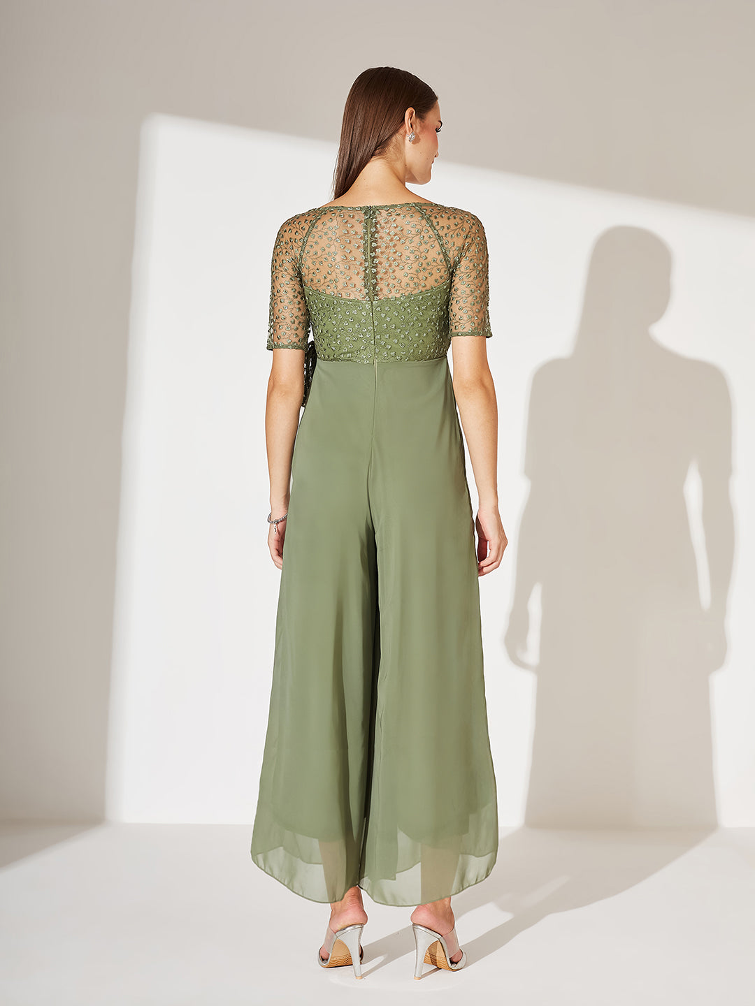 Women's Light Green Square Neck Raglan sleeve Solid Embroidered Regular Jumpsuit