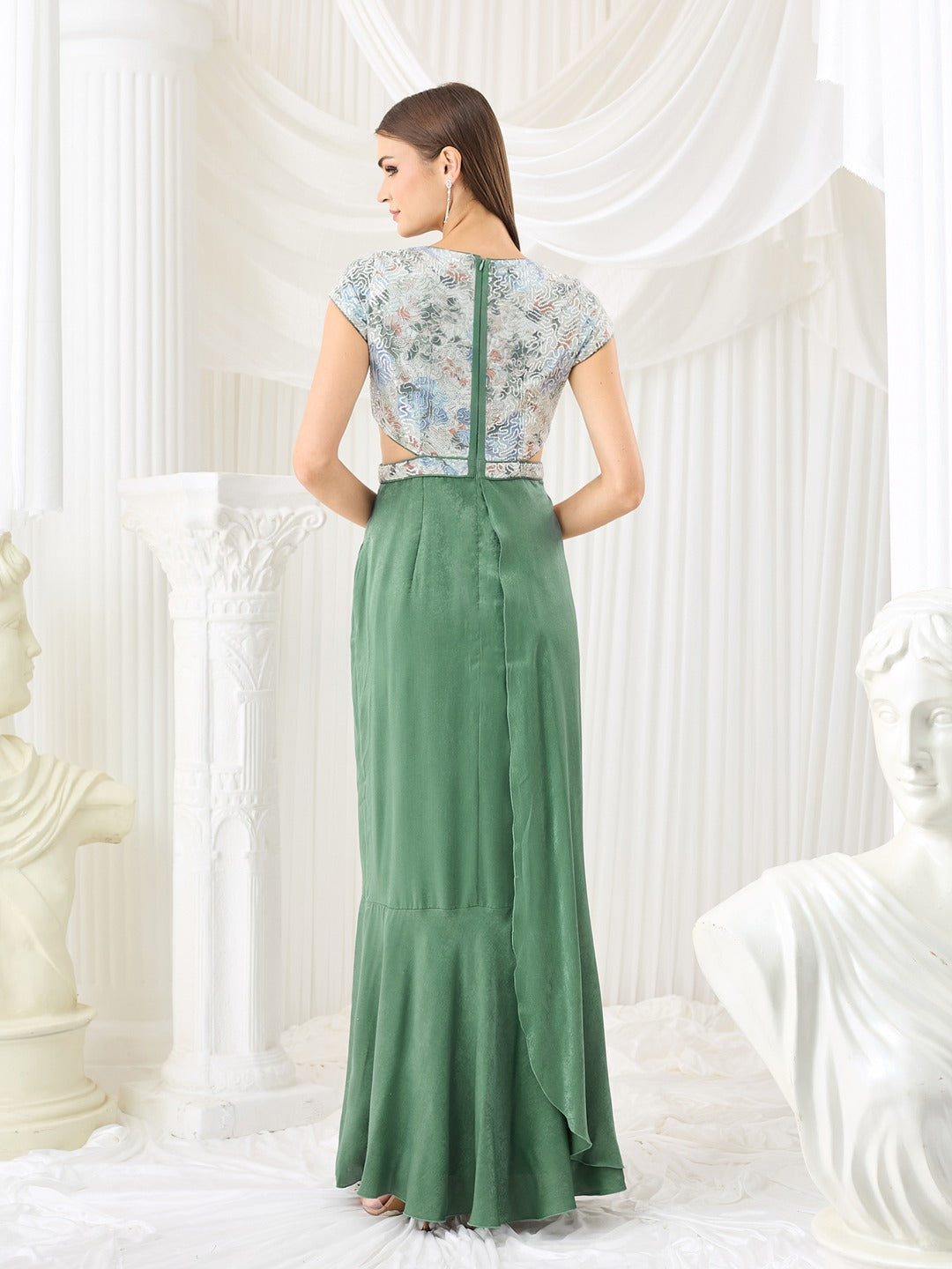 Siege Green Sweetheart Short Sleeve Embellished Pleated Satin Maxi Dress for Women