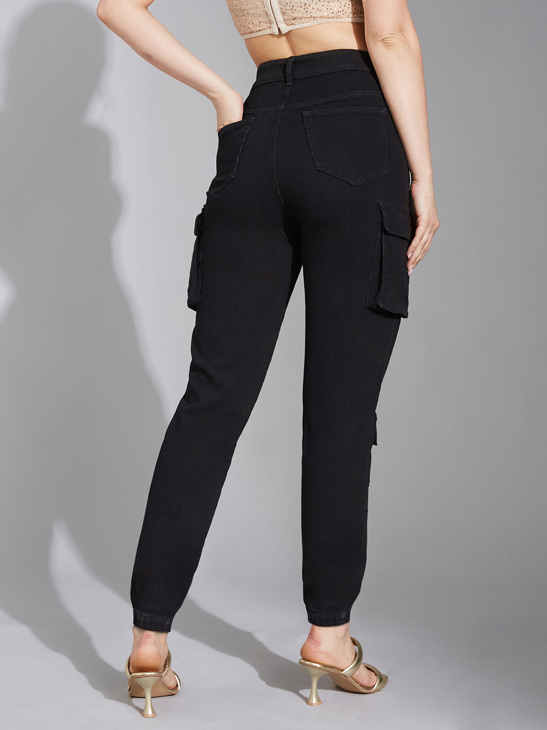 Black Regular High-Rise Regular Stretchable Denim Joggers for Women — Miss Chase