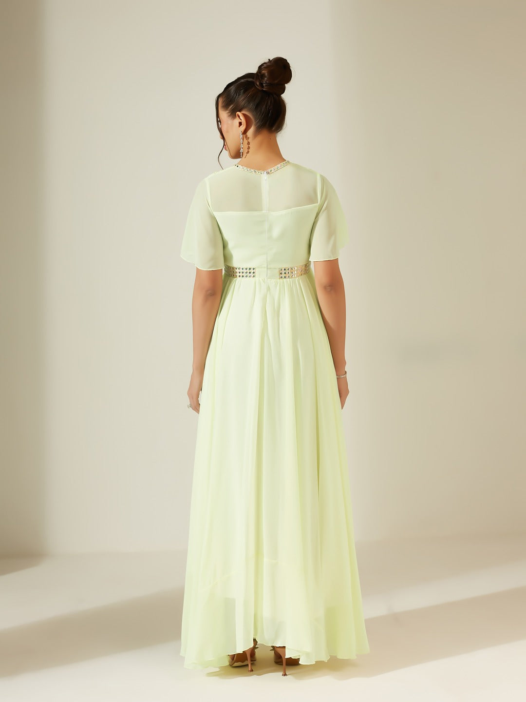 Lemon Yellow V-Neck Flared/ Bell Sleeves Solid Georgette Fit & Flare Maxi Dress for Women