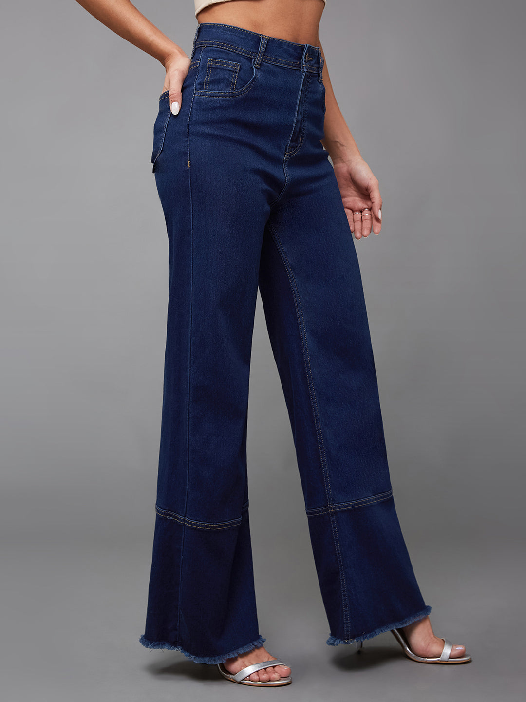 24/7 Comfort Navy-Blue Wide-Leg High-Rise Stretchable Denim Jeans