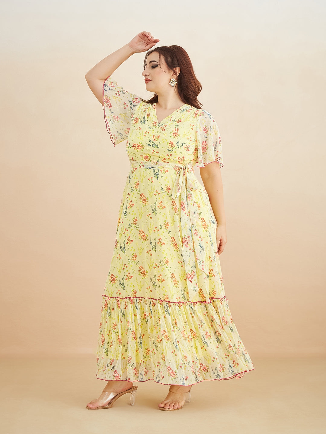 Yellow V Neck Flared Sleeve Floral Wrap Maxi Dress for Women