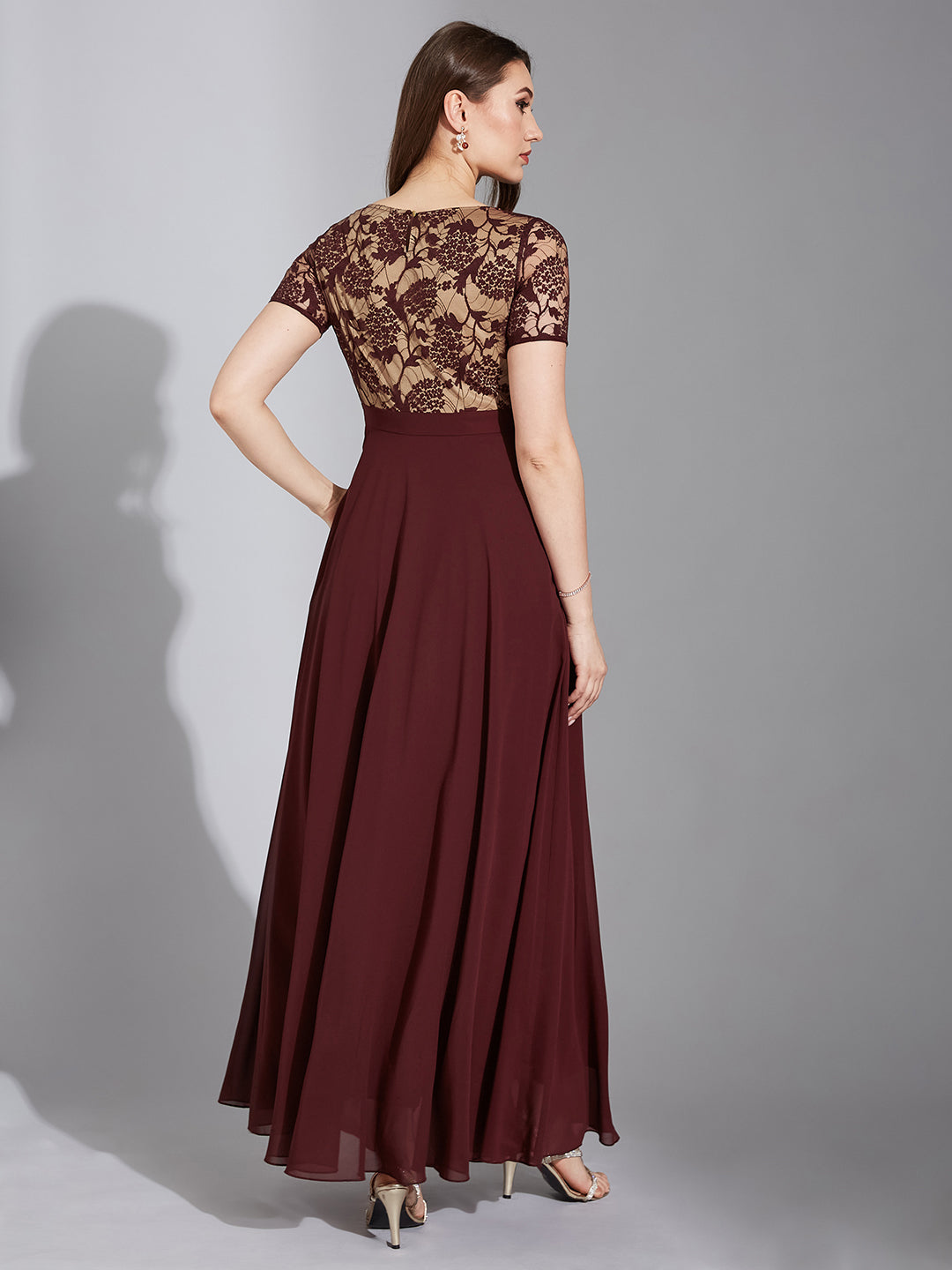 Wine Short Sleeves Lace Fit and Flare Maxi Dress Long Dress Frock for Women
