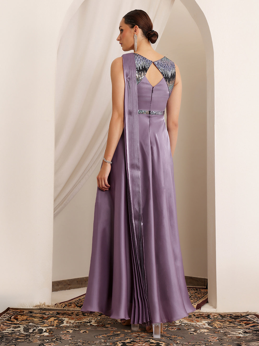Women's Dusty Purple Round Neck Sleeveless Embellished Layered Satin Maxi Dress
