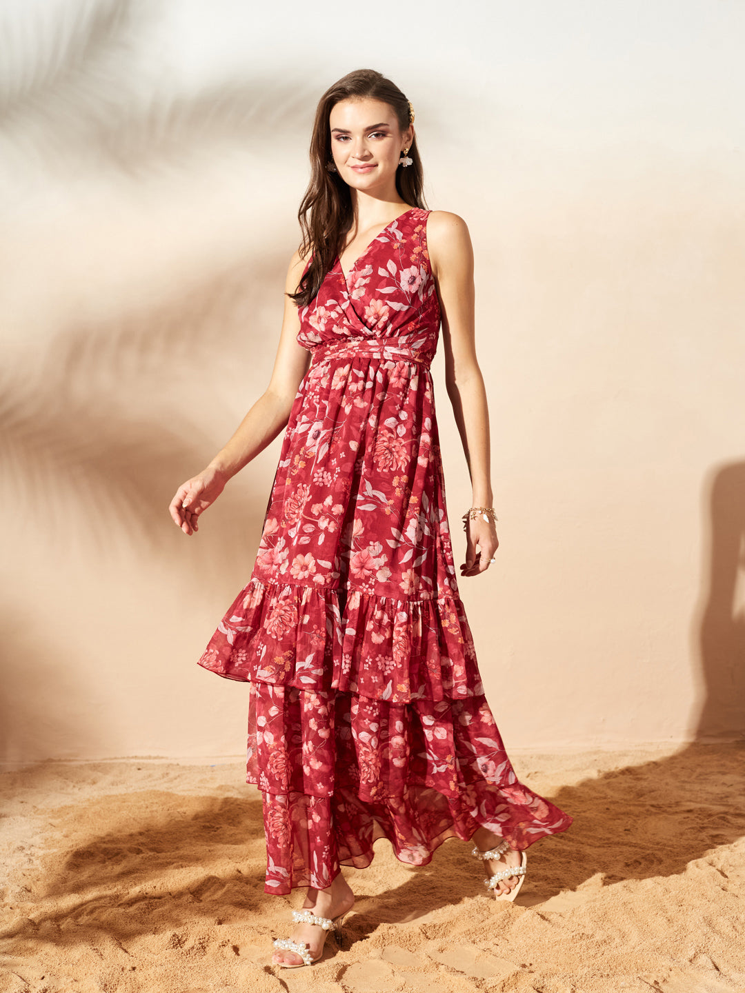 Maroon V-Neck Sleeveless Floral Criss Cross/ Layered/ Ruffled Maxi Chiffon Dress for Women — Miss Chase