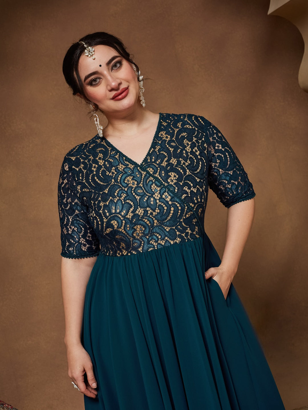 Teal V-Neck Half Sleeve Self Designed Wrap Georgette Maxi Dress for Women