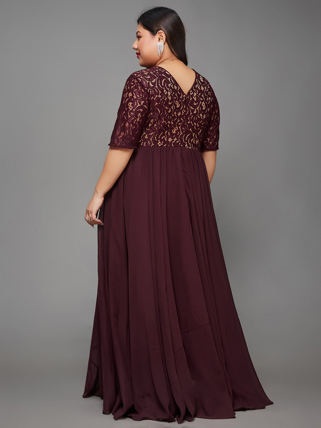 Wine Short Sleeves Lace Fit and Flare Maxi Dress Long Dress Frock for Women