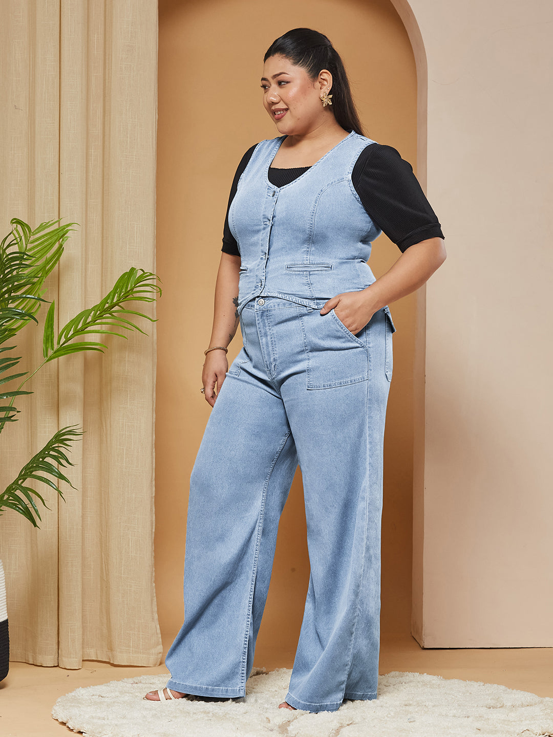 Light Blue Wide-Leg High Rise Stretchable Light-weight Denim Co-Ord Set for Women