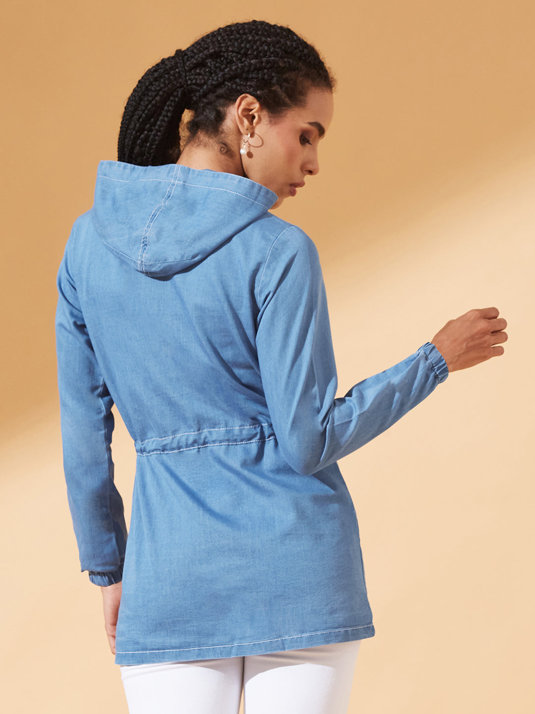 Light-Blue Round Neck Full Sleeve Solid Long hoodie with tie-up Regular Jacket for Women