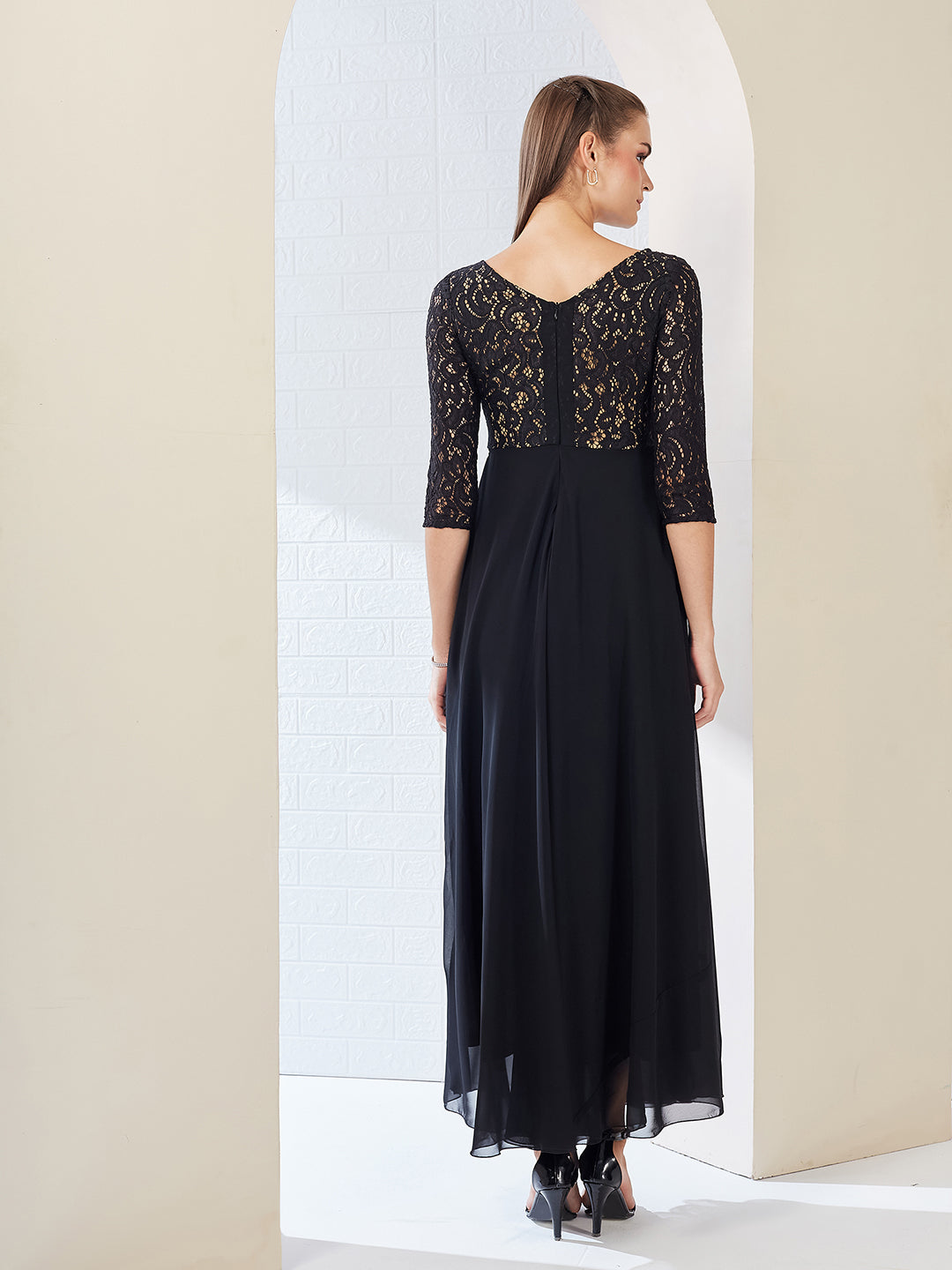 Black Self Design Boat Neck 3/4 Sleeves Side Pocketed Georgette Fit and Flare Maxi Length Dress for Women