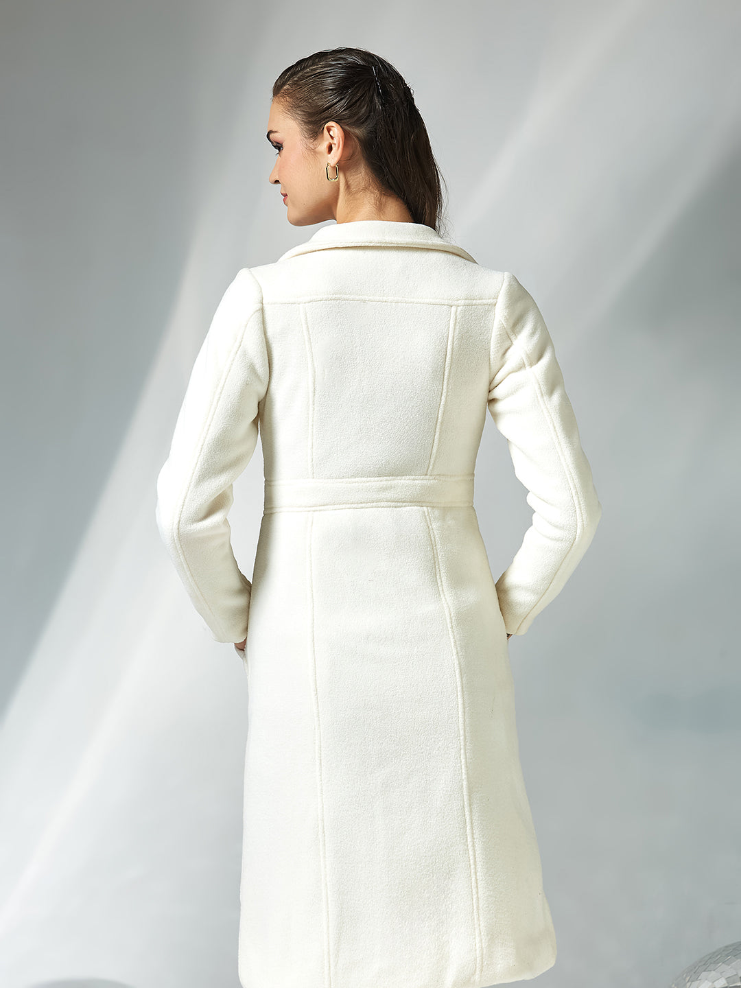 Off White Solid Shirt Collar Full Sleeves Patched Pocketed Polyester Longline Winter Wear Jacket for Women