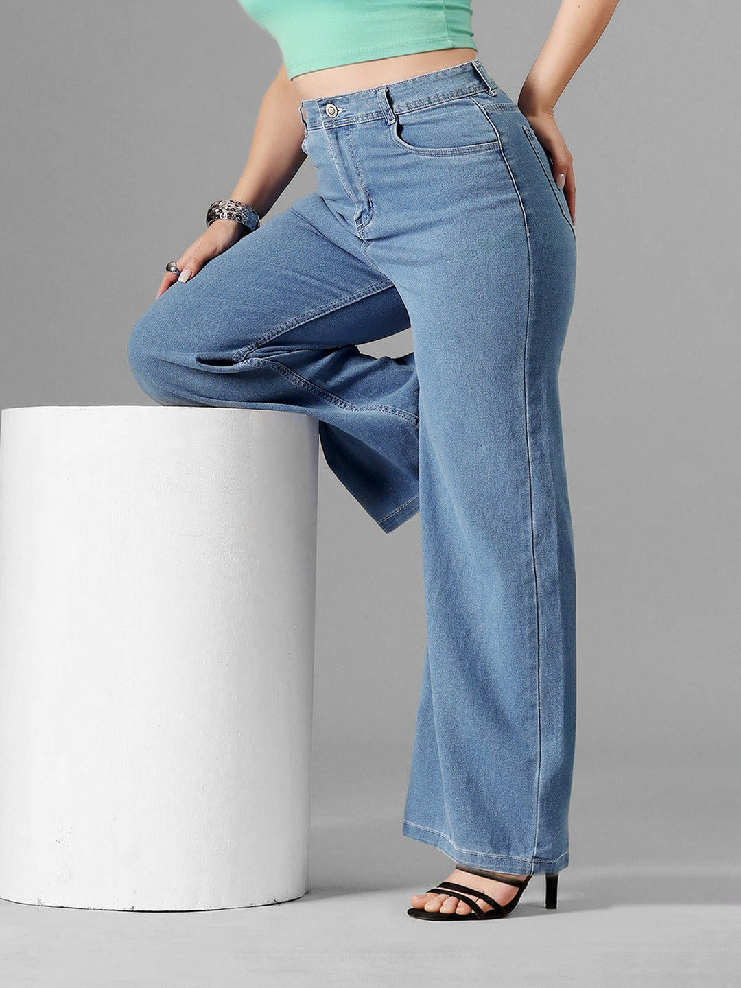 Blue Wide-Leg High-Rise Stretchable Denim Jeans for Women