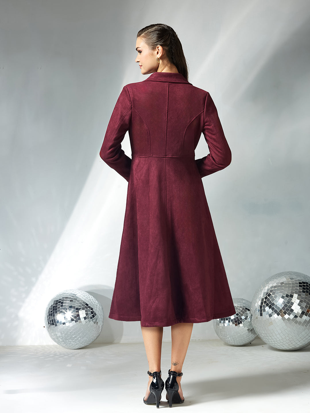 Women's Wine Solid V-Neck Full Sleeves Side Pocketed Polyester Double Breasted Longline Jacket