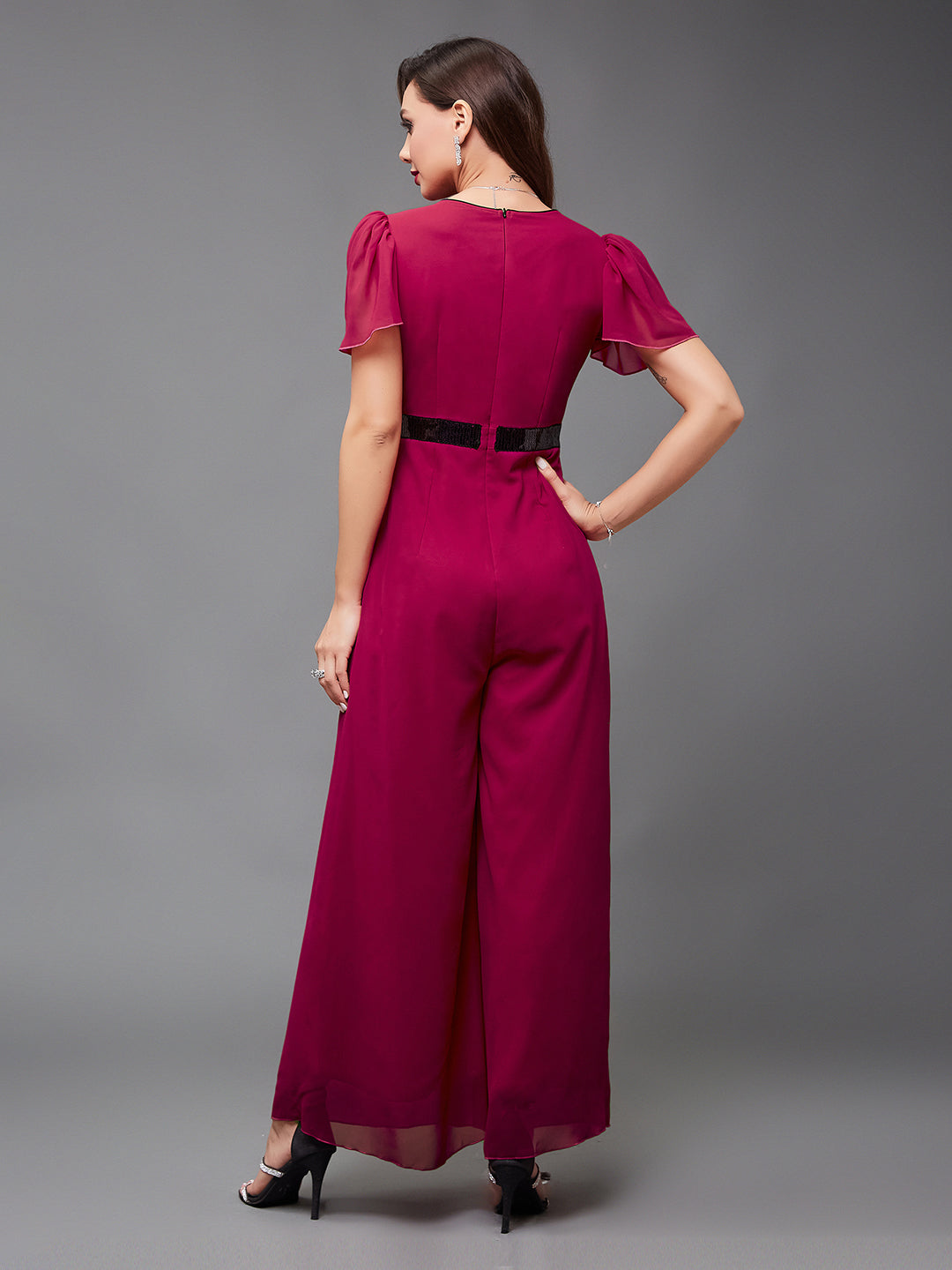 Cocktail Pink Solid Relaxed Fit Short Sleeve V-Neck Ankle-Length Straight-Fit Jumpsuit for Women
