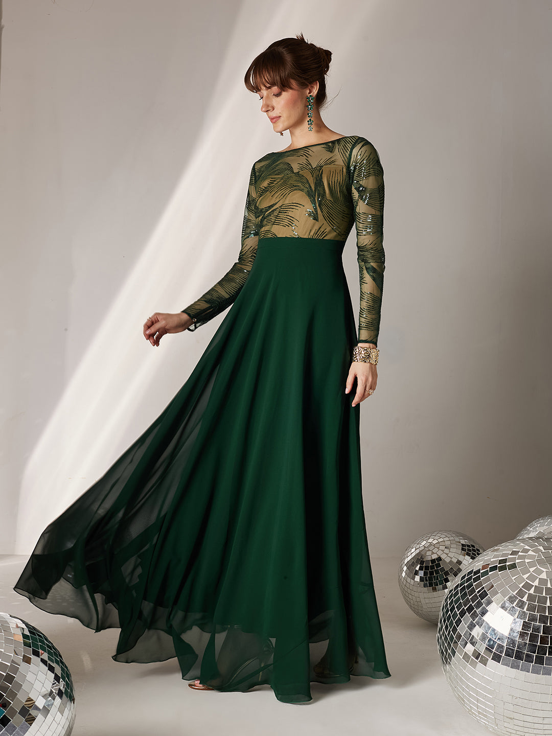 Women's Green & Beige Solid Embellished Maxi Dress