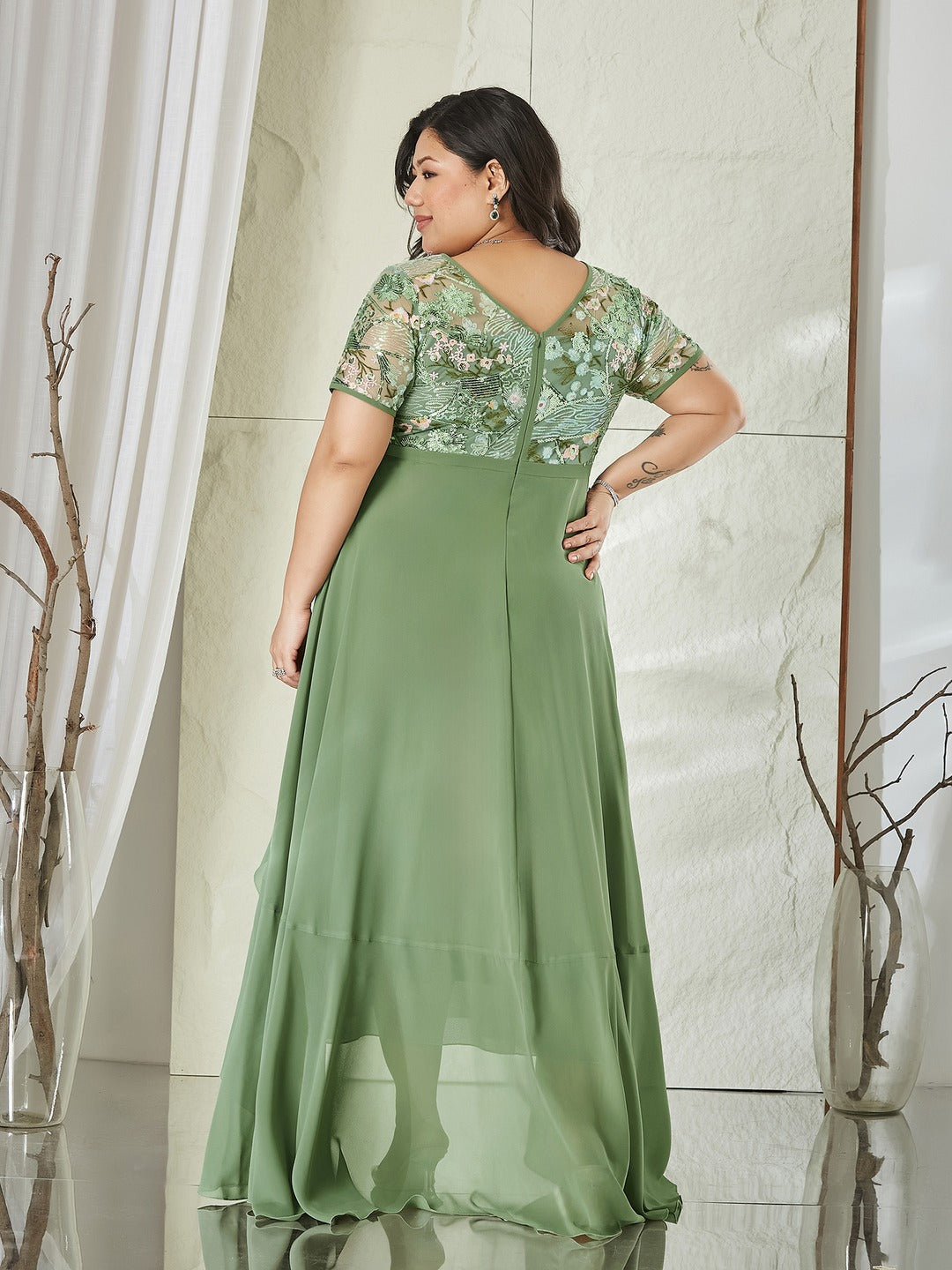 Light Green Embellished Layered Georgette Midi Dress for Women