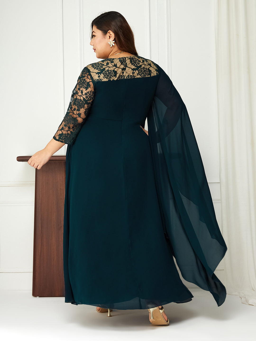 Body Bliss Teal Self-Designed Georgette Maxi Dress