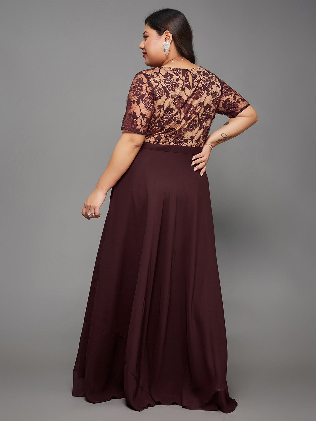 Wine Short Sleeves Lace Fit and Flare Maxi Dress Long Dress Gown Frock for Women | Bridesmaids' Favourites