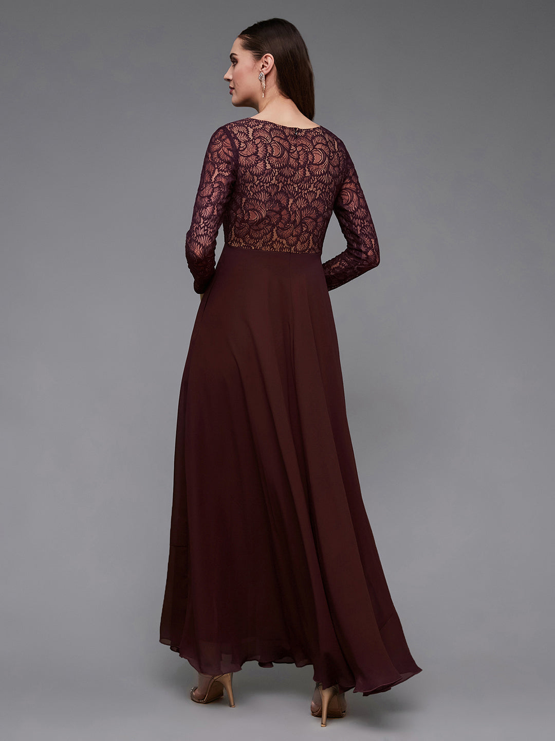 Wine Full Sleeves Lace Fit and Flare Maxi Dress Long Dress Frock for Women